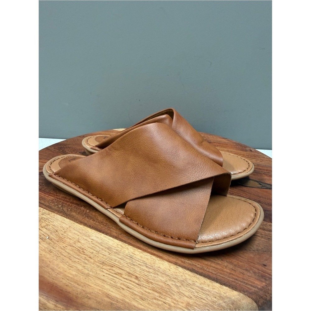 b.o.c. Born Concept Brown Crisscross Wide Strap Slide Sandals Size 7M